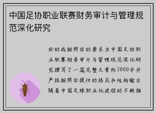 中国足协职业联赛财务审计与管理规范深化研究