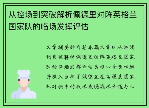 从控场到突破解析佩德里对阵英格兰国家队的临场发挥评估 从控场到突破解析佩德里对阵英格兰国家队的临场发挥评估
